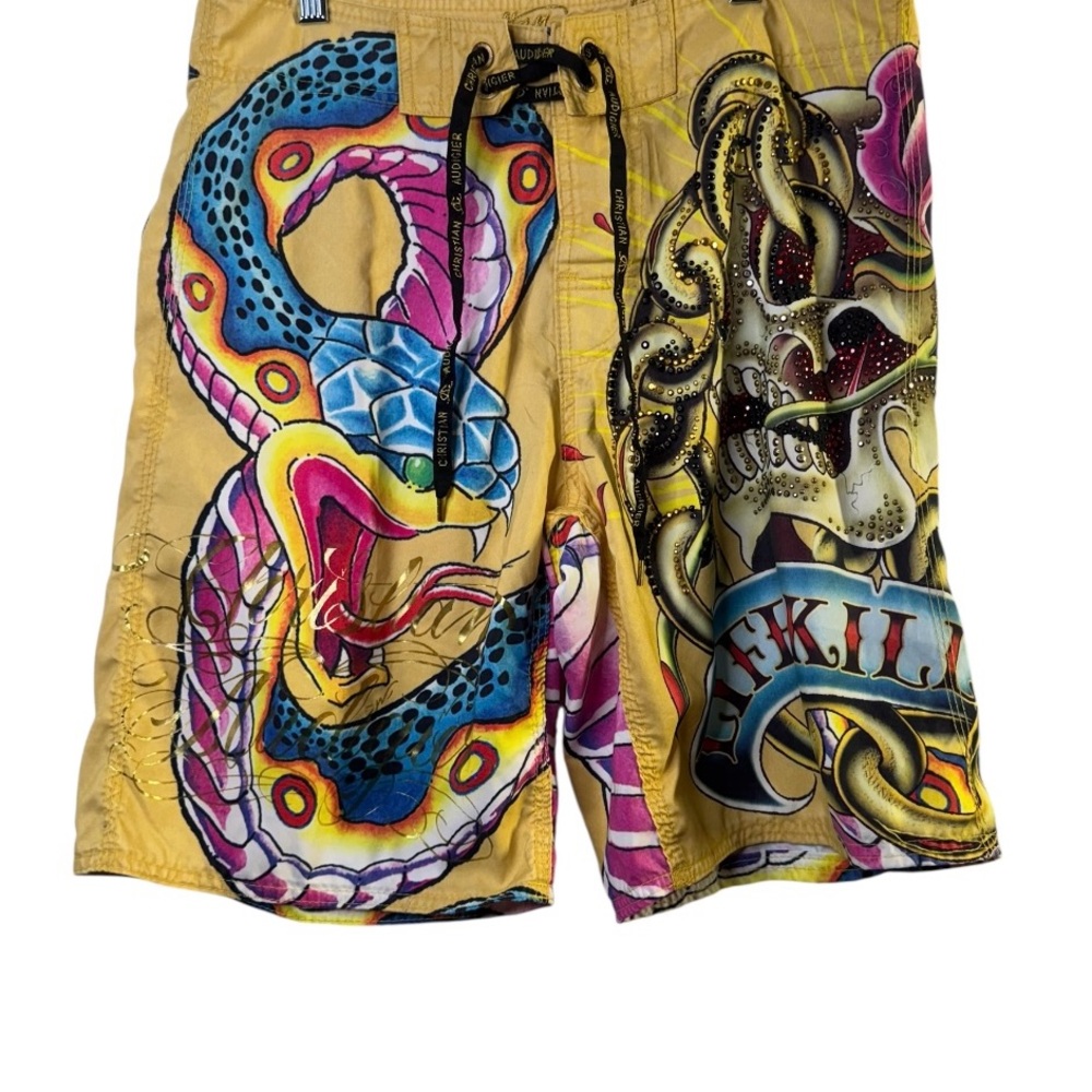 Christian Audigier Men's Graphic Swim Shorts - Yellow and Blue